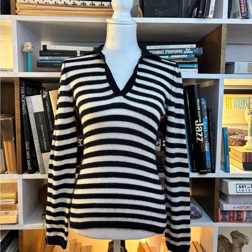 Striped V-Neck Sweater - Black and White